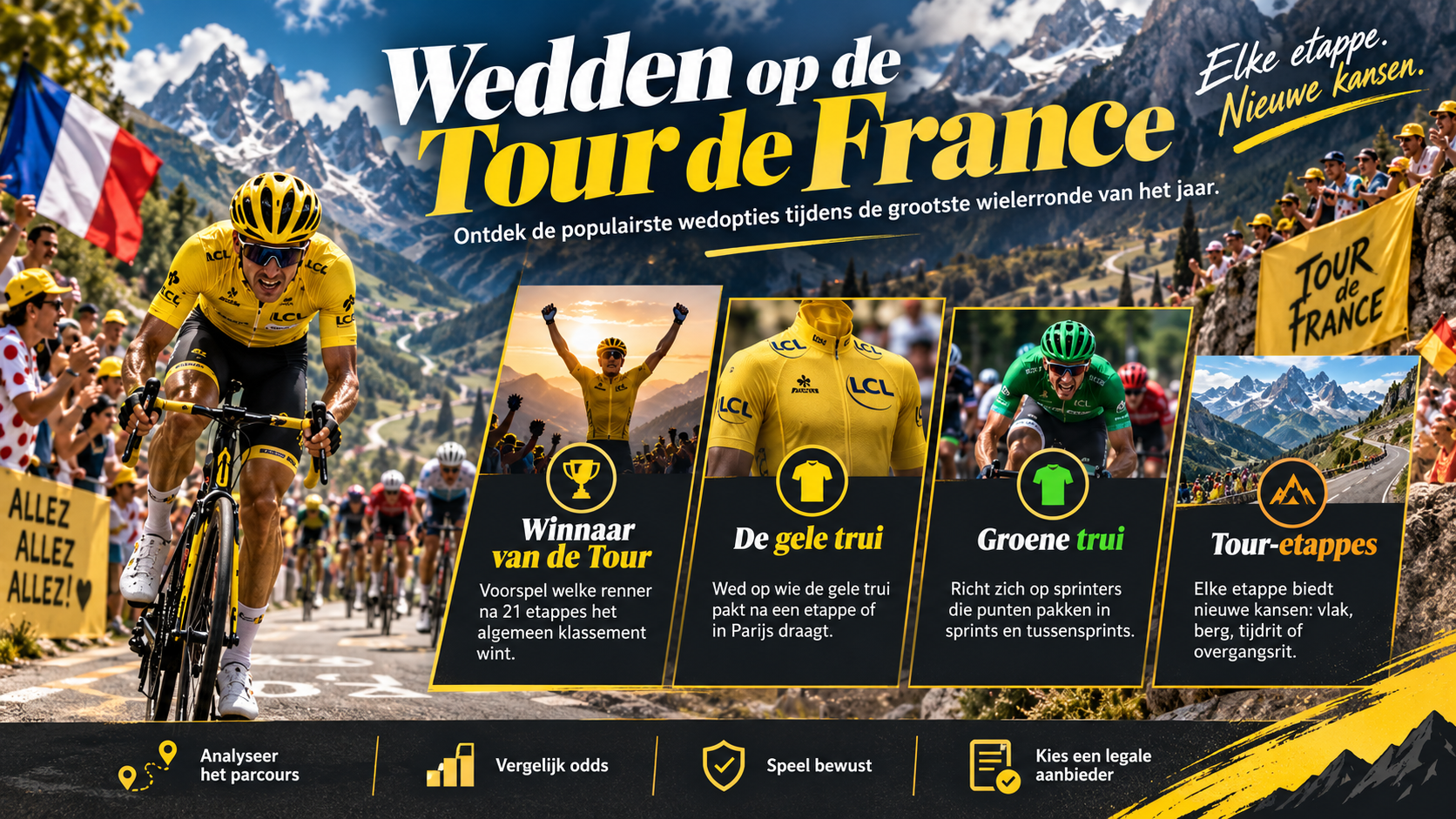 Wedden op de Tour de France met markten voor eindwinnaar, gele trui, groene trui en etappewinnaars.