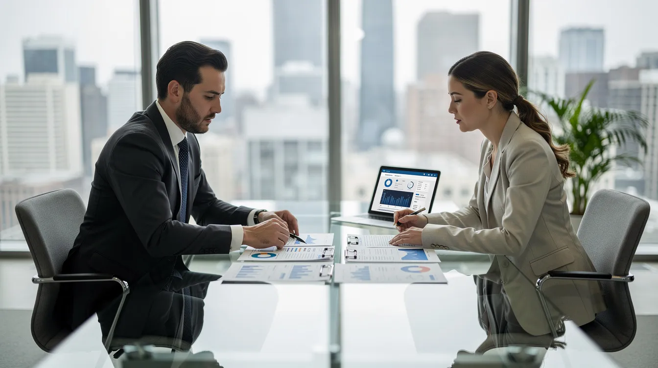 In a modern office setting, a banker and a company promoter are engaged in a professional meeting, reviewing a detailed project report and discussing the business plan related to a proposed dairy processing project. The atmosphere reflects a focus on securing financial assistance and understanding project costs, including operating costs and total capital investment.