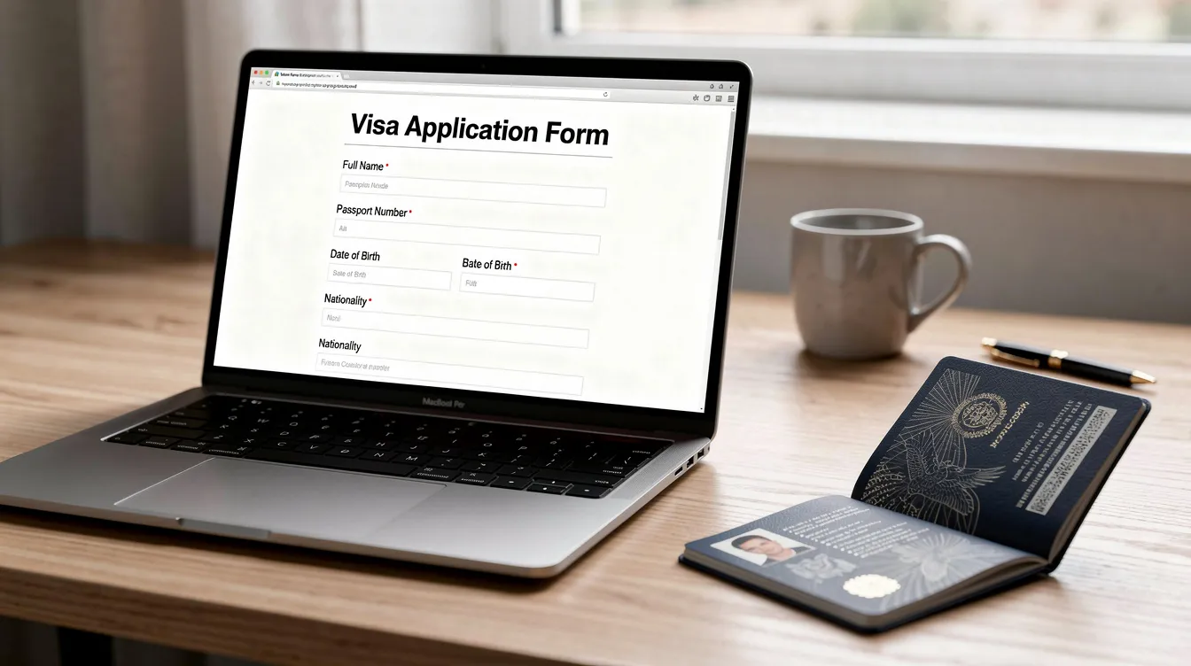 A laptop sits on a desk displaying an online visa application form, with a passport placed beside it, symbolizing the essential documents needed for the visa process. This image highlights the importance of completing the application form accurately to ensure a smooth application process for international students planning their journey to the UK.