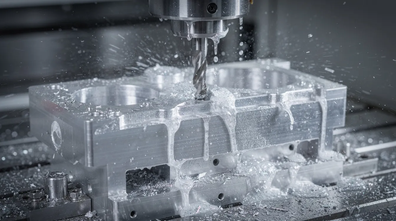 The image shows a close-up view of a CNC milling machine actively cutting an aluminum prototype part, with coolant visibly flowing to maintain precision and prevent overheating. This highlights the advanced capabilities of precision machining in a CNC machine shop, ensuring high-quality machined parts that meet stringent requirements.