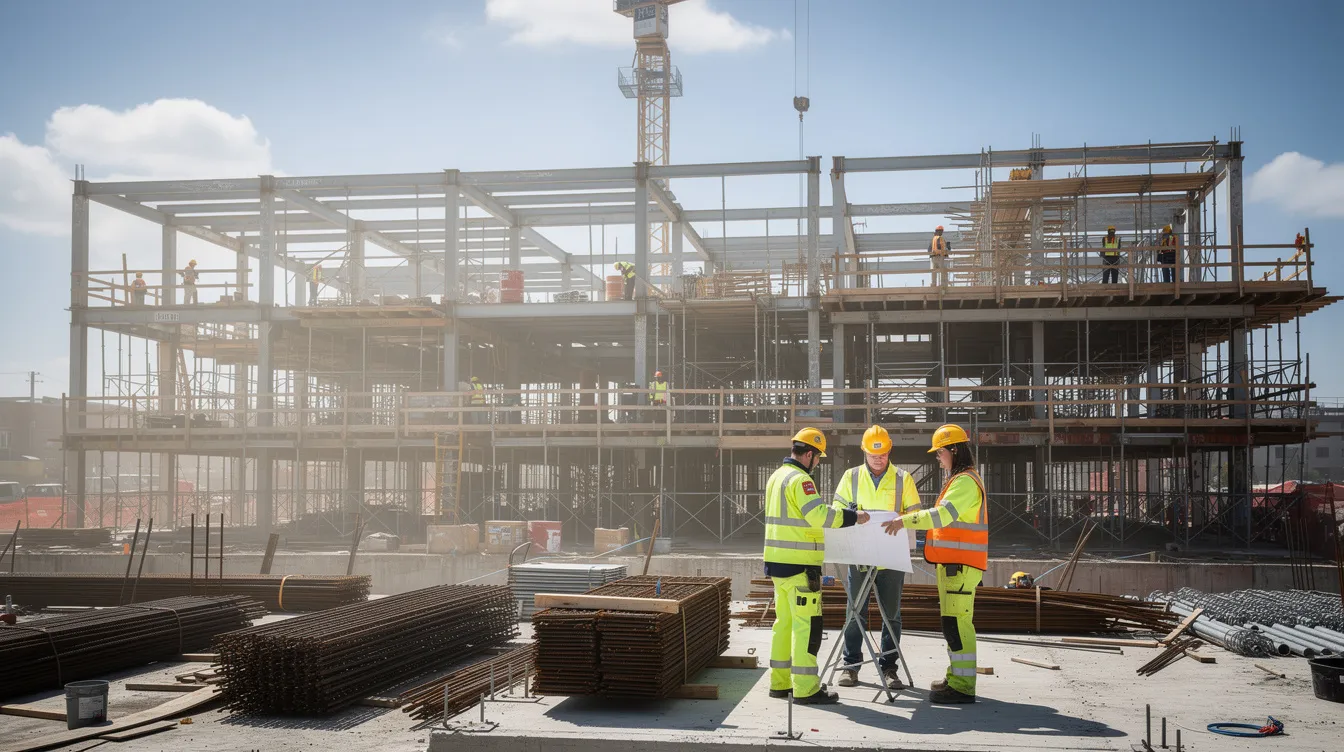 A group of skilled trade workers, wearing hard hats and safety vests, are actively engaged on a large commercial construction site where steel framing is prominently visible. This scene highlights the importance of manual labor and technical expertise in the construction industry, showcasing the growing demand for skilled trades in today's workforce.
