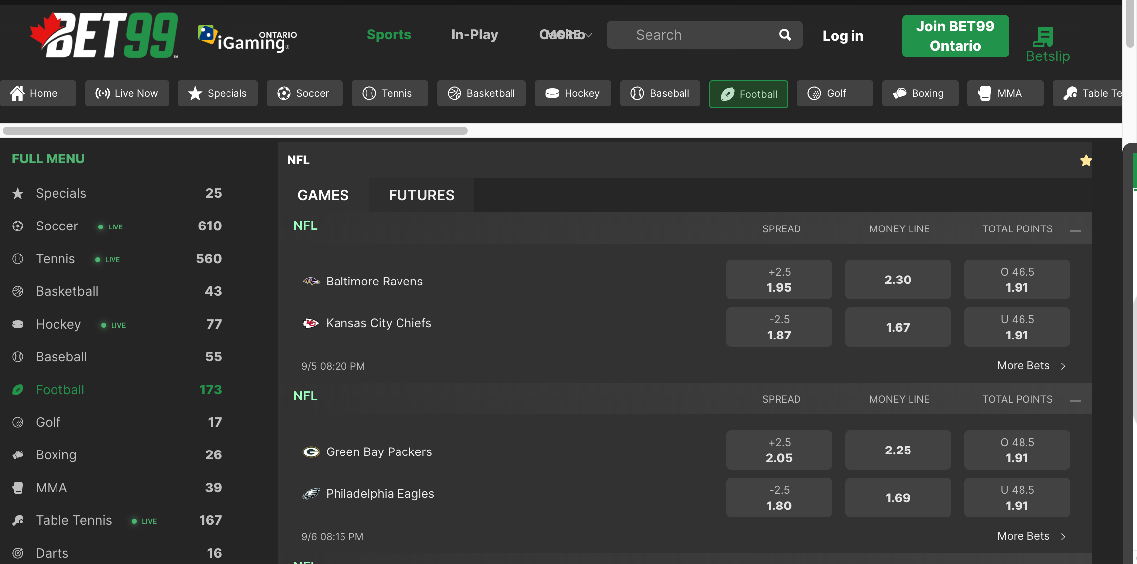 A desktop view of Bet99's NFL offerings in Canada.