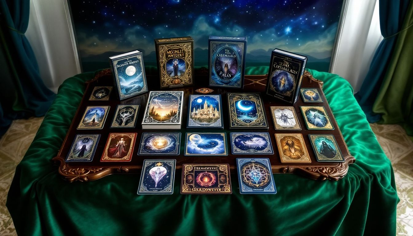 A collection of beautiful oracle decks displayed on a table.