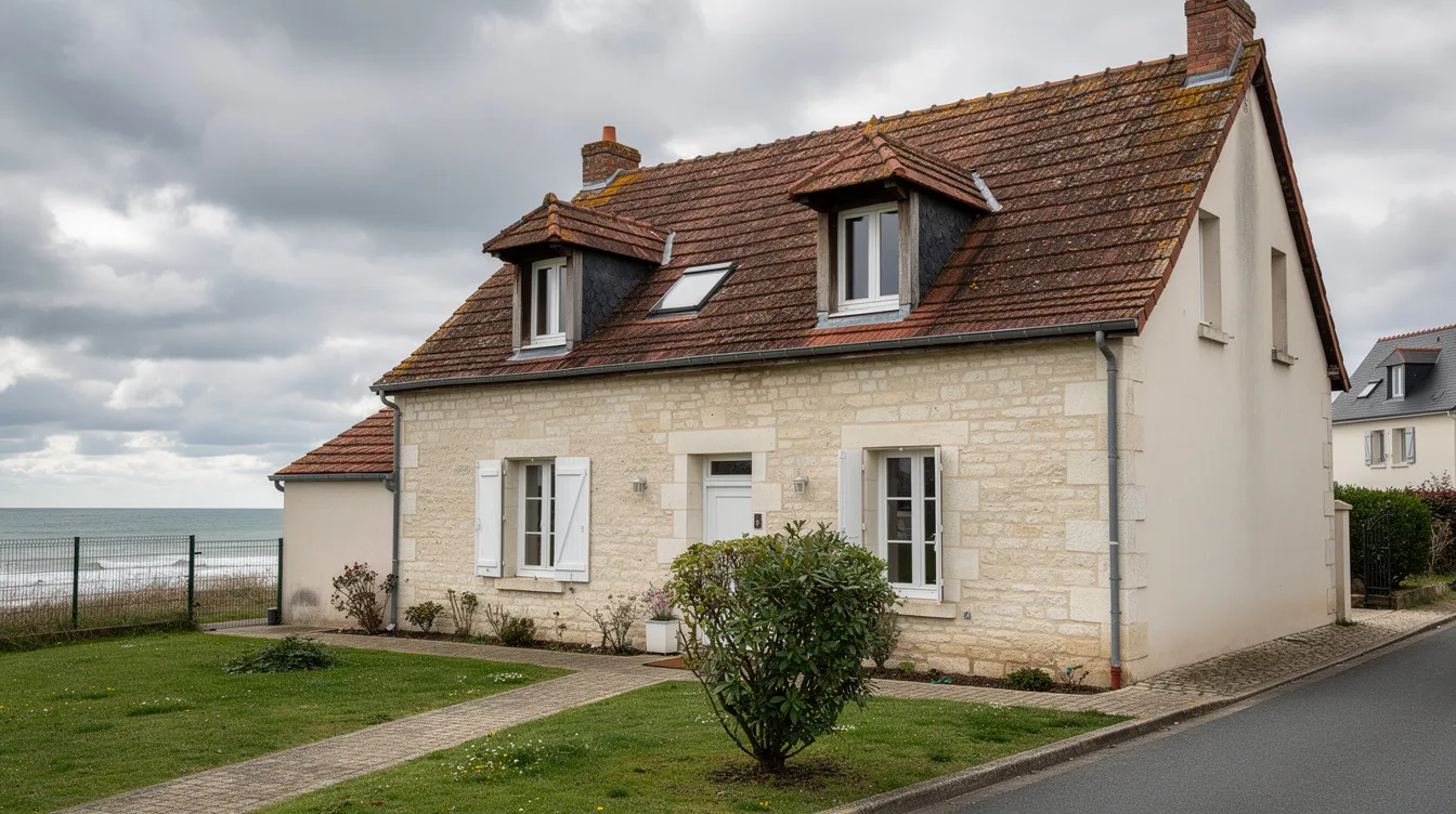 Une maison typique de la région nantaise, avec une toiture en tuiles, se dresse sous un ciel nuageux, illustrant le savoir-faire des couvreurs de Loire-Atlantique. Cette image met en avant l'architecture régionale et l'importance des travaux de toiture pour la préservation des habitations.