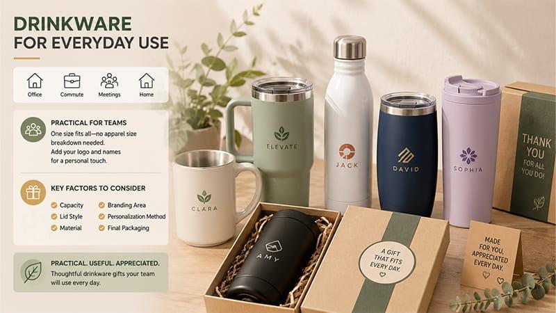 Personalized drinkware gift ideas for administrative professionals including mugs, tumblers, bottles, and corporate gift packaging