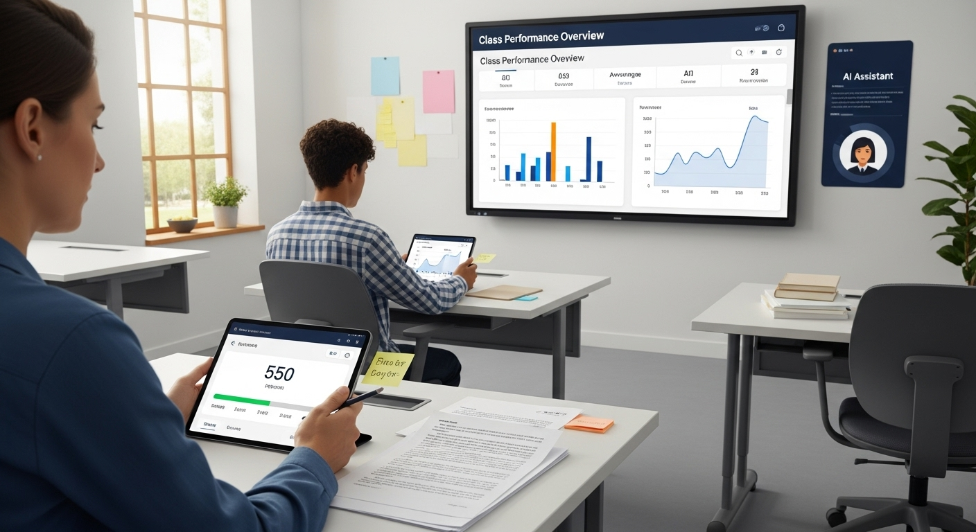 Modern classroom assessment scene combining automated grading with thoughtful human review.