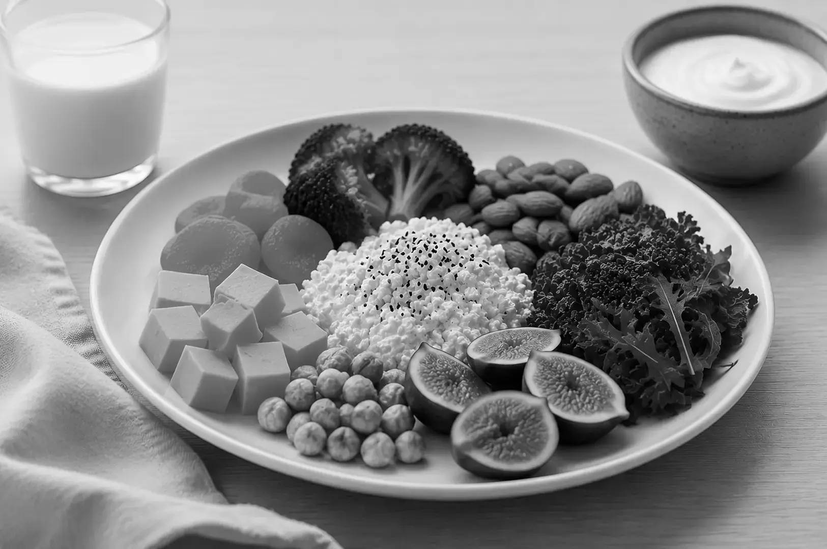 A dairy-based vegetarian meal featuring vegetables and grains without visible meat or eggs.