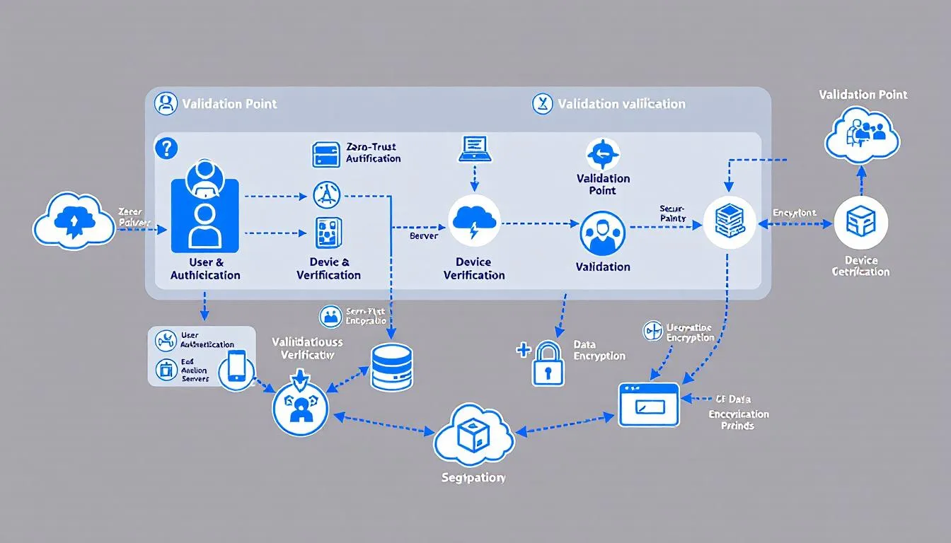 The image depicts a network security diagram illustrating a zero-trust architecture designed for AI systems, featuring multiple validation points to mitigate AI security risks. This diagram emphasizes the importance of secure AI deployment, data governance, and compliance with regulatory frameworks to protect against emerging threats and ensure responsible AI practices.