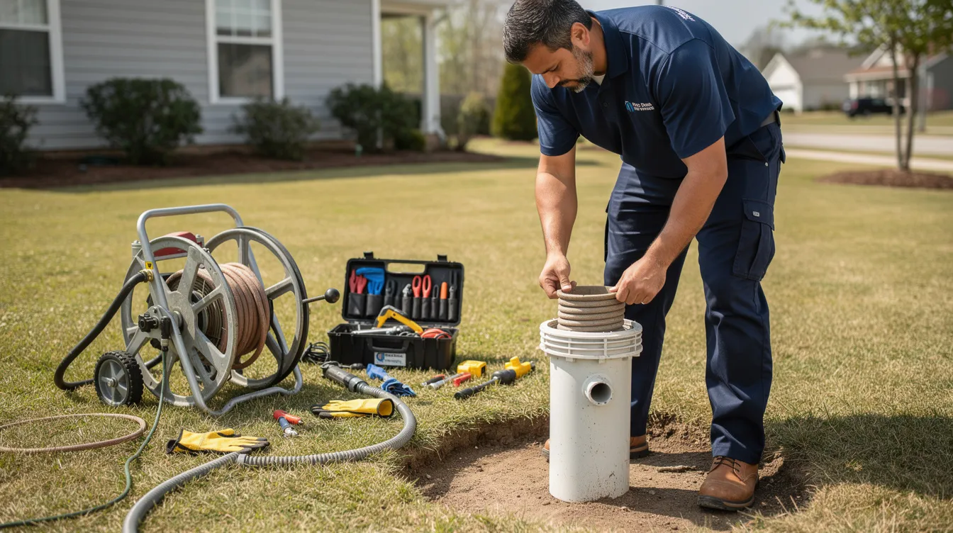 A professional plumber is preparing drain cleaning equipment near an outdoor cleanout, ready to address a plumbing emergency involving clogged pipes. The scene includes various tools laid out for the job, highlighting the importance of safety and effective service in maintaining water lines.
