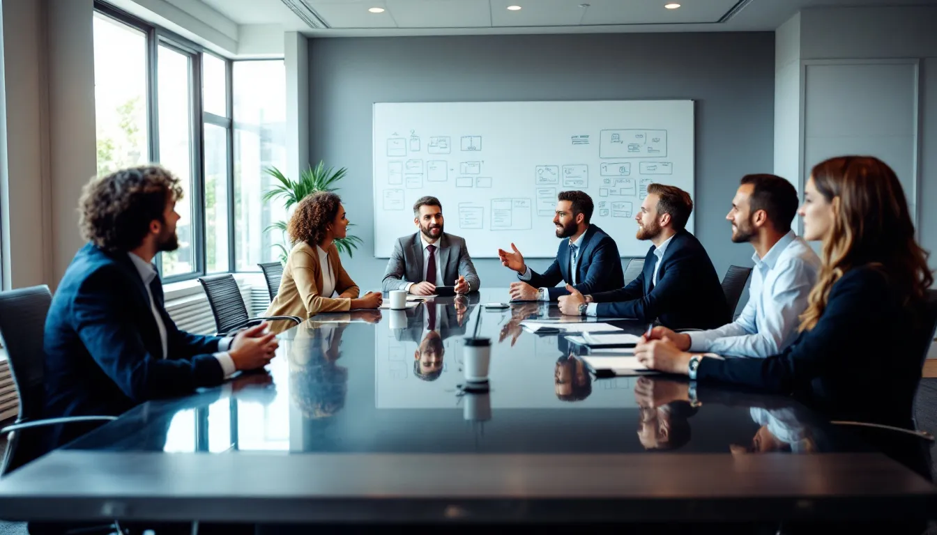 A diverse business team is gathered around a conference table, discussing strategies for managing key personnel and the importance of key person insurance to protect the company’s assets. The atmosphere is focused and orderly as they explore tactics to enhance their operations and secure future opportunities for growth and revenue.