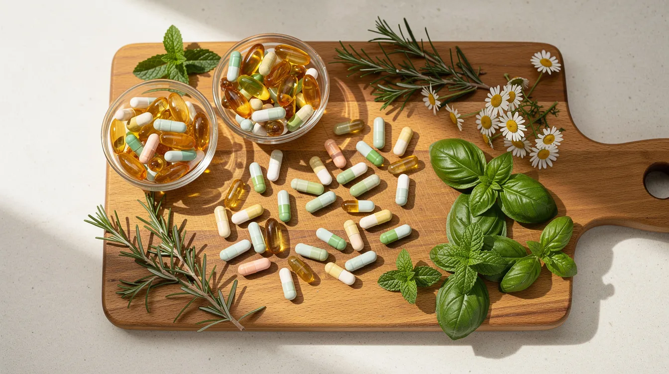 The image features a vibrant assortment of supplement capsules alongside various natural herbs, all neatly arranged on a wooden cutting board, suggesting a focus on weight loss supplements and healthy eating. This colorful display highlights options for those looking to manage their body weight and promote overall health.