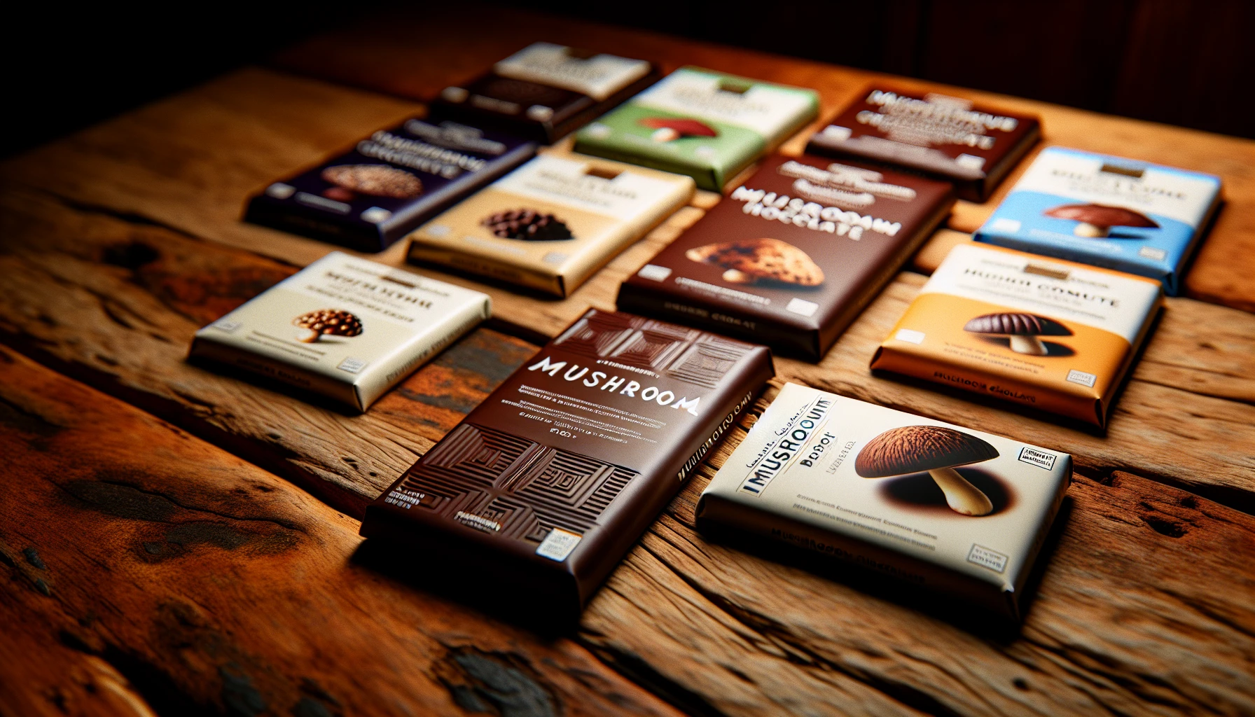 Various mushroom chocolate bars displayed on a wooden table