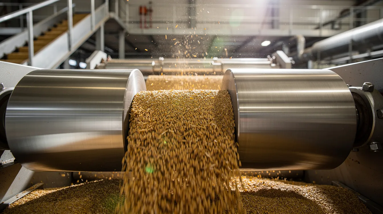 2154d25e 13a1 4bff 9760 6b3e83266d25 The image depicts paddy grains being processed through industrial steel rollers in a food processing factory, showcasing a poha processing machine in action. This semi-automatic machinery is essential for producing high-quality rice flakes, a key component in the poha manufacturing business.