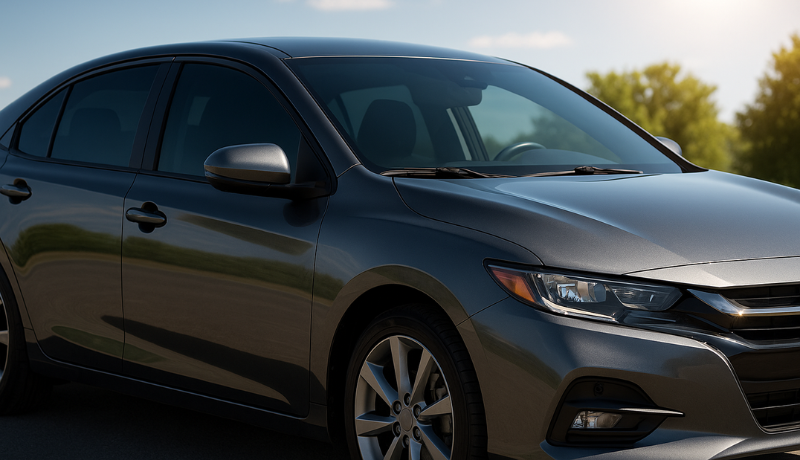 A car with dyed tint which is ceramic window film regular tint for heat reduction