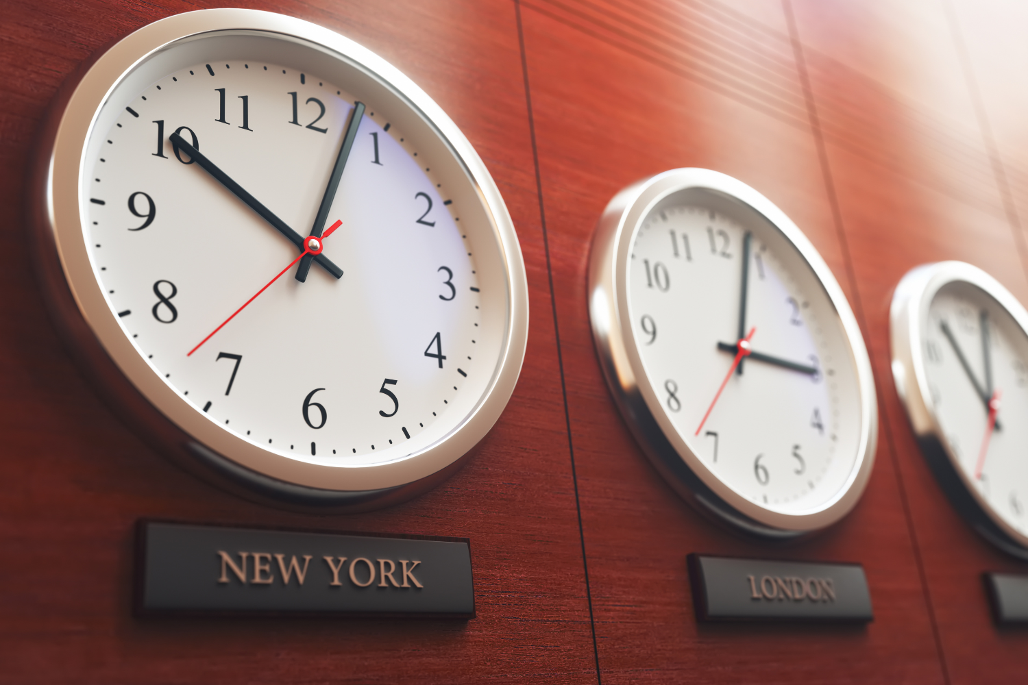 Clocks in different time zones.