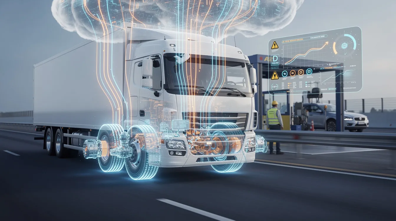 Brake Violations During Roadcheck: What Triggers an OOS Order : The image visually represents the concept of telematics technology identifying brake system issues in commercial vehicles before a roadside inspection occurs. It highlights elements such as brake components, air pressure, and vehicle maintenance, emphasizing the importance of thorough pre-trip inspections to prevent out of service violations.