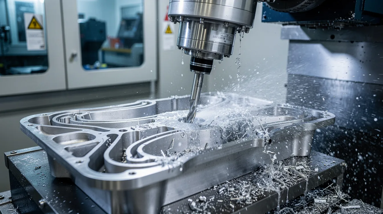 The image shows a five-axis CNC milling machine actively cutting a complex titanium aerospace part, with visible coolant spray enhancing the precision metal fabrication process. This setup exemplifies the advanced technology and quality control measures essential for meeting the exacting standards of aerospace applications.