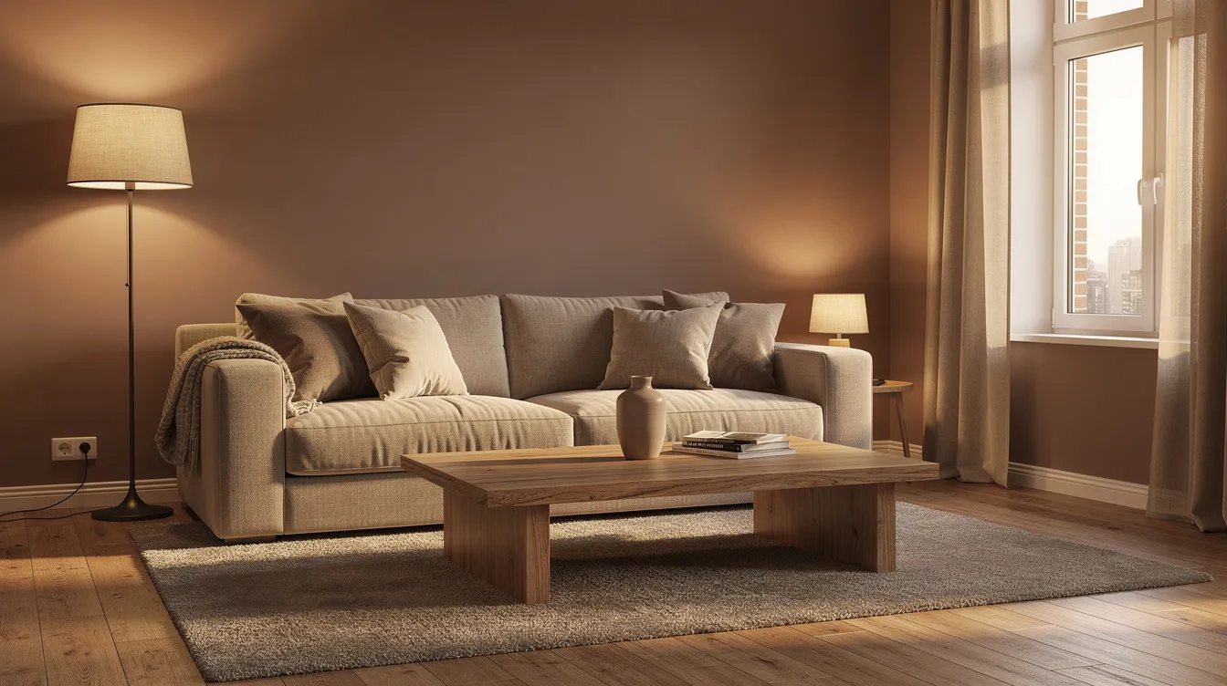 De afbeelding toont een gezellige woonkamer met taupe muren, waarin een zachte bank en een houten salontafel zijn geplaatst. De warme verlichting maakt de ruimte tijdloos en uitnodigend.