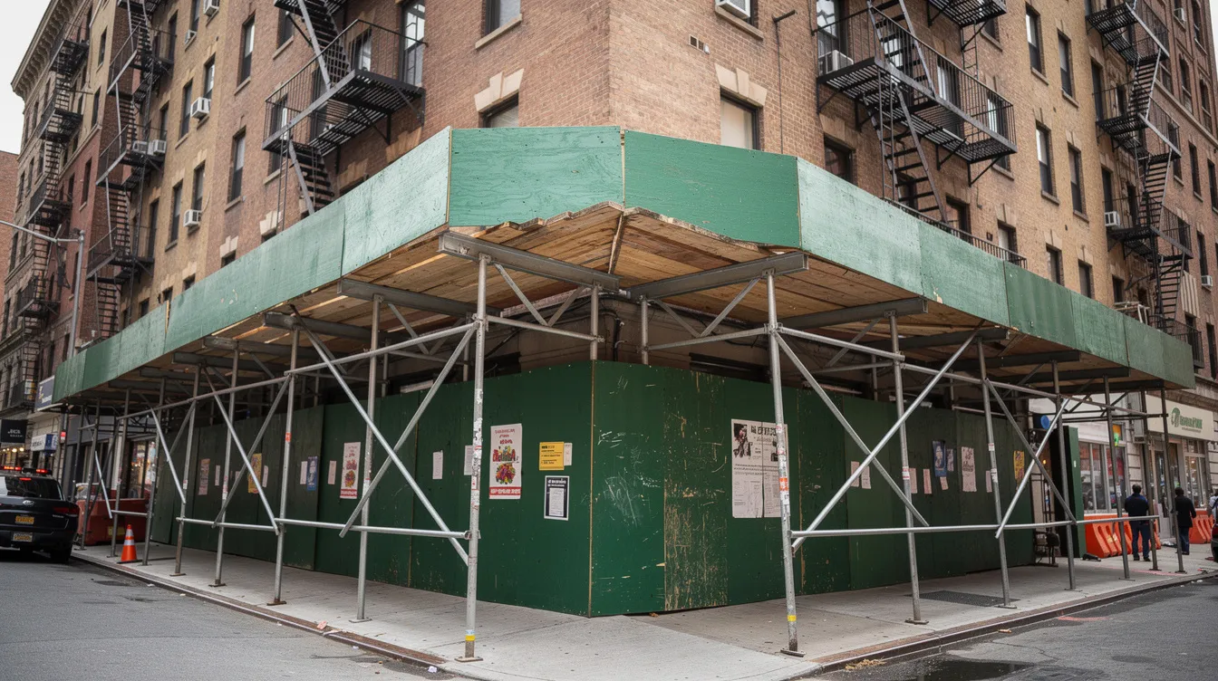 The image shows a close-up view of construction scaffolding and protective sidewalk sheds surrounding the base of a tall brick apartment building in an urban environment, highlighting the importance of compliance with NYC building regulations and safety standards during major capital projects. This setup ensures public safety while property owners manage compliance risks associated with local laws and evolving regulations.