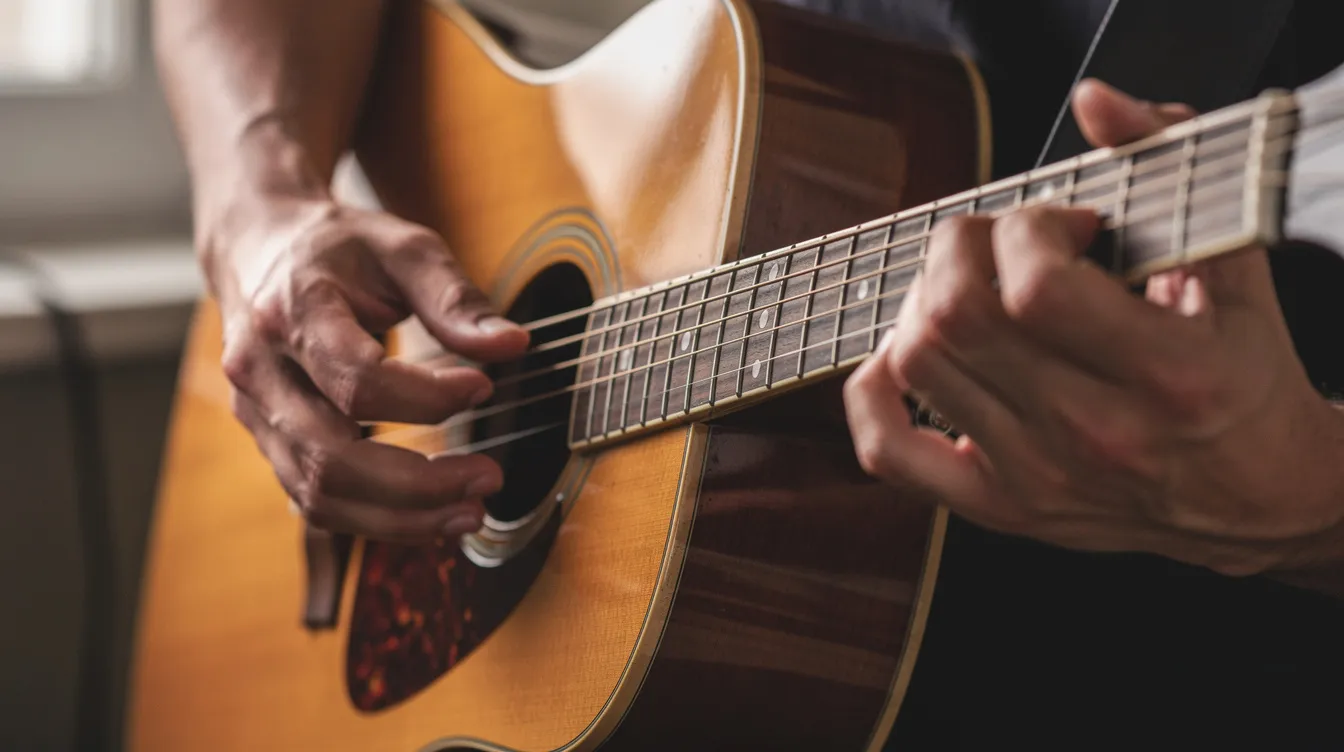 Eine Nahaufnahme zeigt die Hände eines Musikers, der auf dem Griffbrett einer akustischen Gitarre spielt. Die Finger bewegen sich über die Saiten und drücken die Töne der C-Dur-Tonleiter, während harmonische Akkorde in der Luft erklingen.