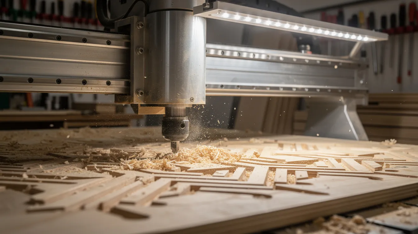 A close-up view of a large gantry CNC router is shown, actively cutting intricate patterns into a wooden panel inside a well-lit workshop. The CNC machine demonstrates high precision and cleaner cuts, highlighting its role in woodworking and manufacturing processes.