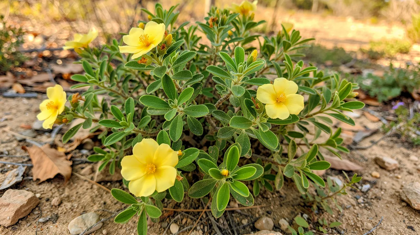 Ein Damiana-Strauch (Turnera diffusa) mit leuchtend gelben Blüten und kleinen, grünen Blättern steht in seiner natürlichen Umgebung. Diese Heilpflanze ist bekannt für ihre potenziellen Wirkungen auf das Wohlbefinden und wird häufig in Form von Damiana-Tee verwendet.