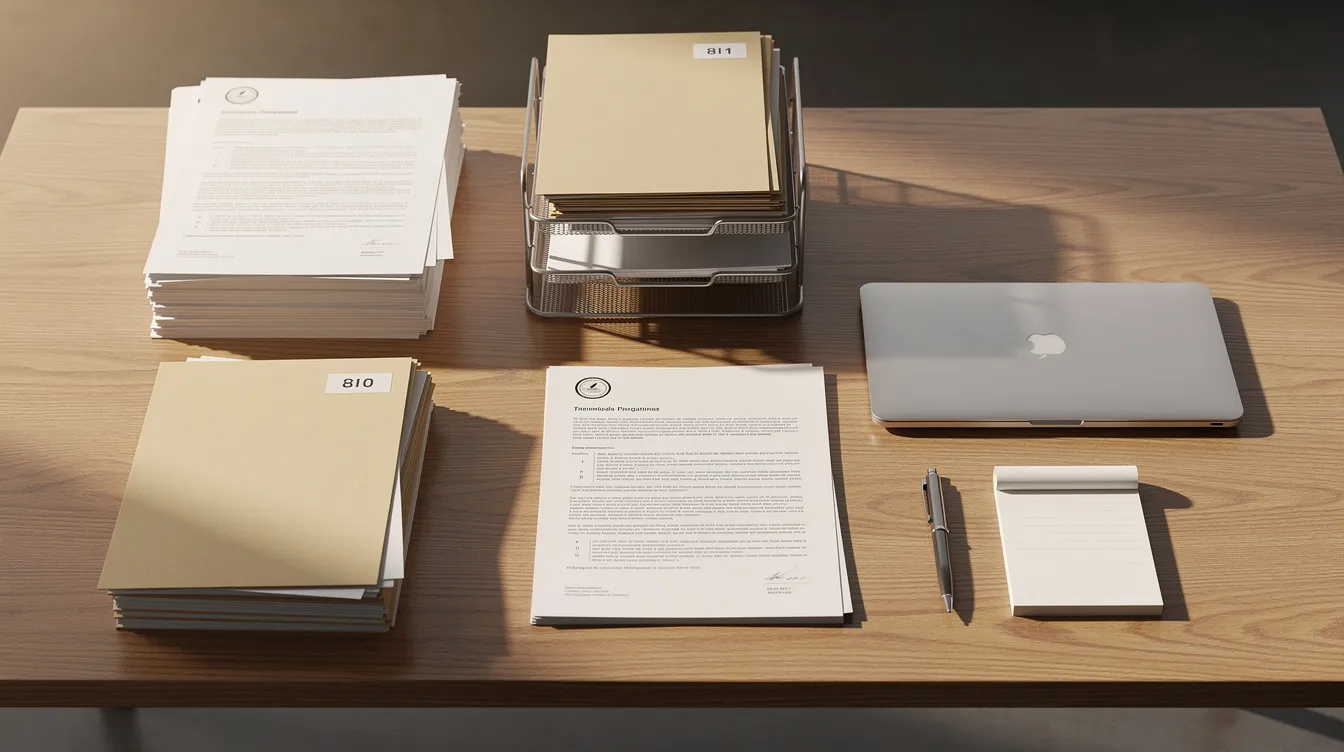 The image shows an organized arrangement of documents and files neatly placed on a wooden desk, suggesting a professional setting, possibly related to a bank or financial institution. This setup may include paperwork relevant to business loans, such as eligibility criteria and loan amounts, indicating a focus on the loan process for micro enterprises.
