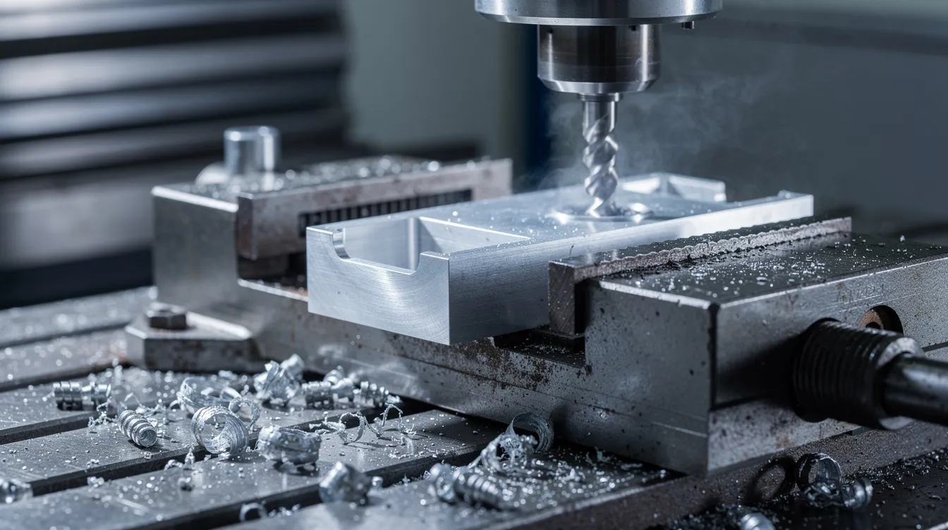 A close-up view of a CNC milling machine actively cutting a precision aluminum prototype part on a workbench, showcasing the intricate details of the prototyping process in product development. The image highlights the manufacturing capabilities involved in creating functional prototypes with tight tolerances.