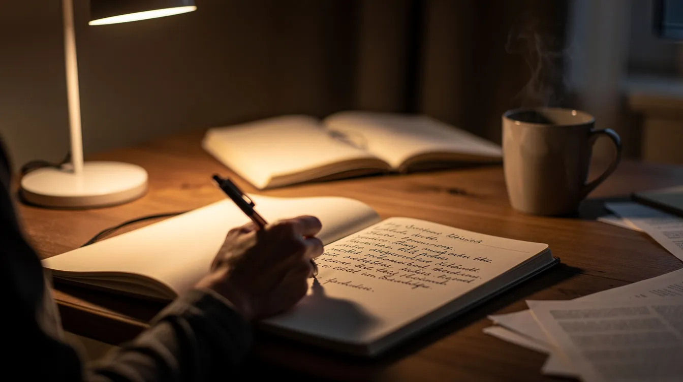A person sits at a desk in soft lighting, writing notes in a journal, reflecting on their mental health and coping strategies for managing bipolar disorder. This scene captures the importance of self-care and understanding one's own mental health in navigating mood episodes and maintaining well-being.