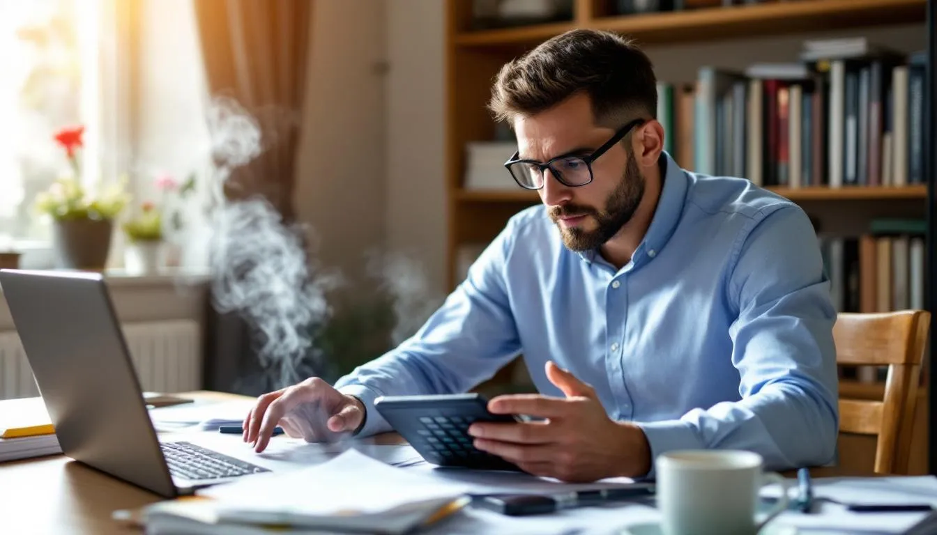 A small business owner is sitting at a desk, focused on a calculator as they determine their loan payments for an SBA loan. The scene emphasizes the importance of understanding financial terms such as interest rates and repayment terms for effective business growth.