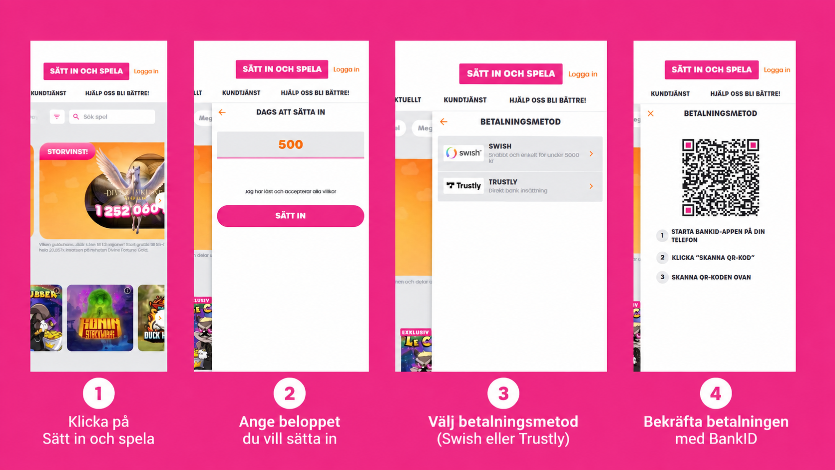 Steg-för-steg-guide för insättning hos Lyllo Casino med Swish, Trustly och BankID.