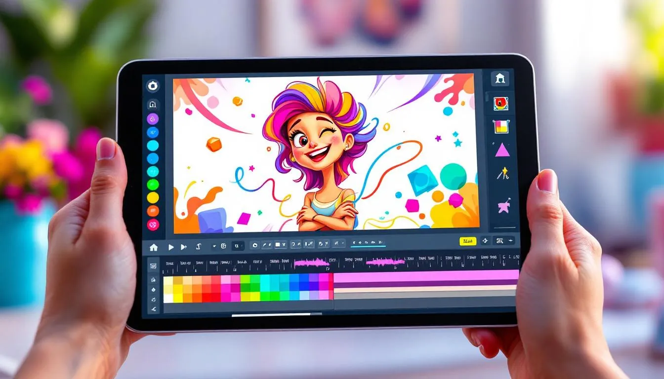 Capture d'écran d'un logiciel d'animation 2D populaire en cours d'utilisation sur une tablette.