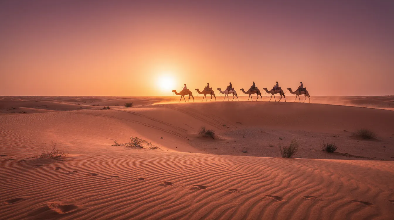 A breathtaking panoramic view of the golden sand dunes of the Sahara Desert at sunset, with a line of camels gracefully walking across the landscape, capturing the essence of Moroccan culture and desert experiences. This scene highlights the beauty of North Africa, perfect for those considering Morocco tours or excursions.