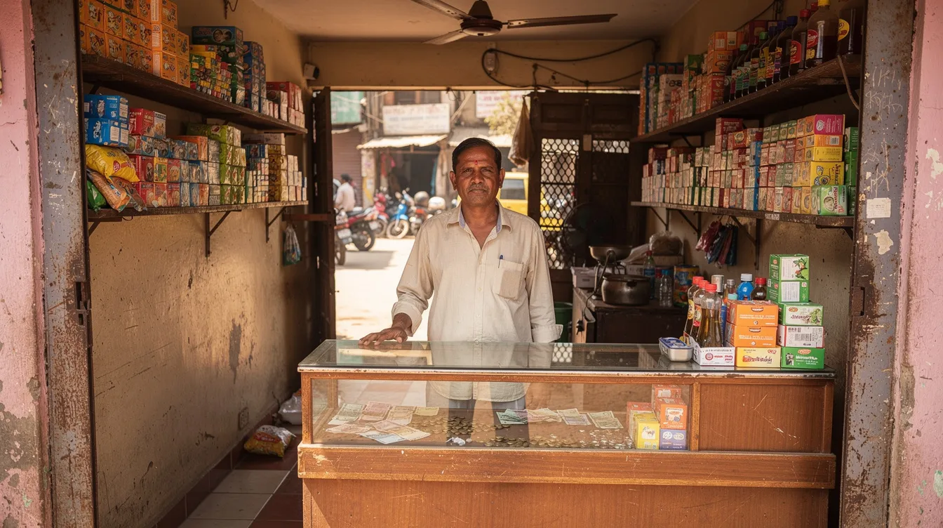 A small business owner stands behind the counter of a modest retail shop in India, showcasing their entrepreneurial spirit. The shop reflects the essence of micro businesses in the MSME sector, where financial assistance through schemes like the Pradhan Mantri Mudra Yojana can help expand their operations.