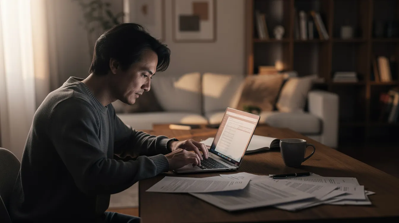 A person is sitting at home, focused on checking documents on their laptop, likely related to a loan application or financial matters. The scene conveys a sense of diligence, possibly in the context of navigating the processes of a 香港 財務 公司 for personal loans.