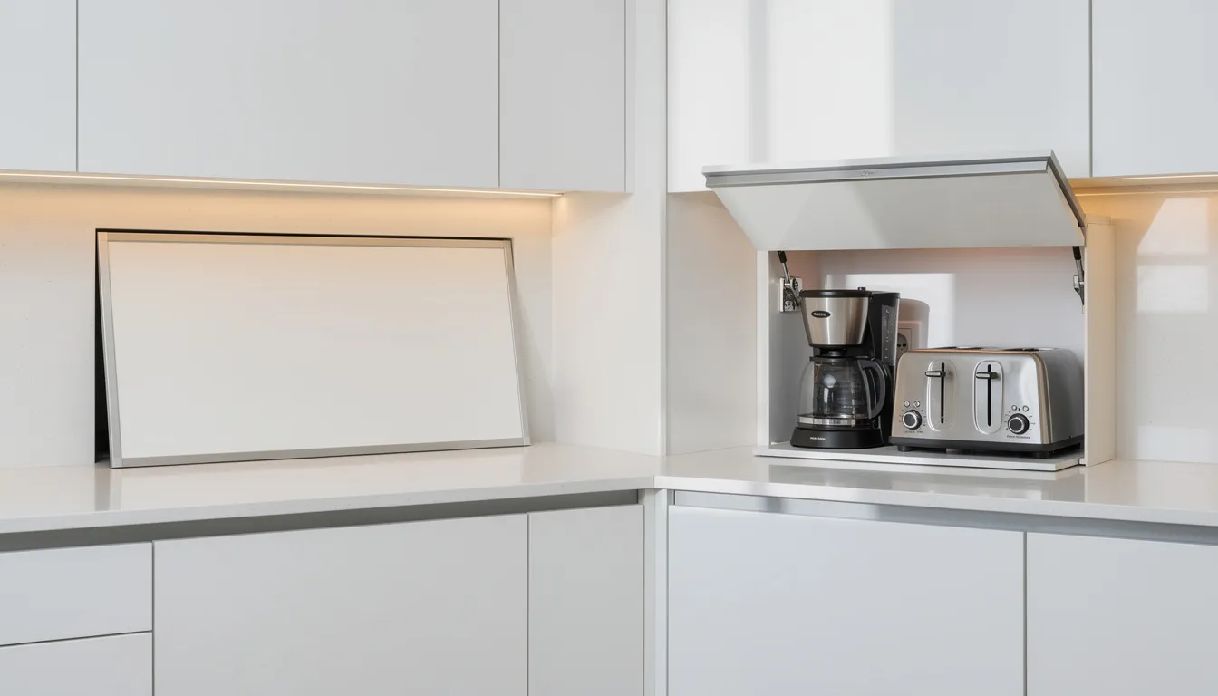 The image shows a kitchen corner featuring an appliance garage with a flip-up door in the closed position beside the same garage open, revealing a coffee maker and toaster inside. This design maximizes storage space in small kitchens while maintaining an organized and functional appearance, perfect for small kitchen ideas.