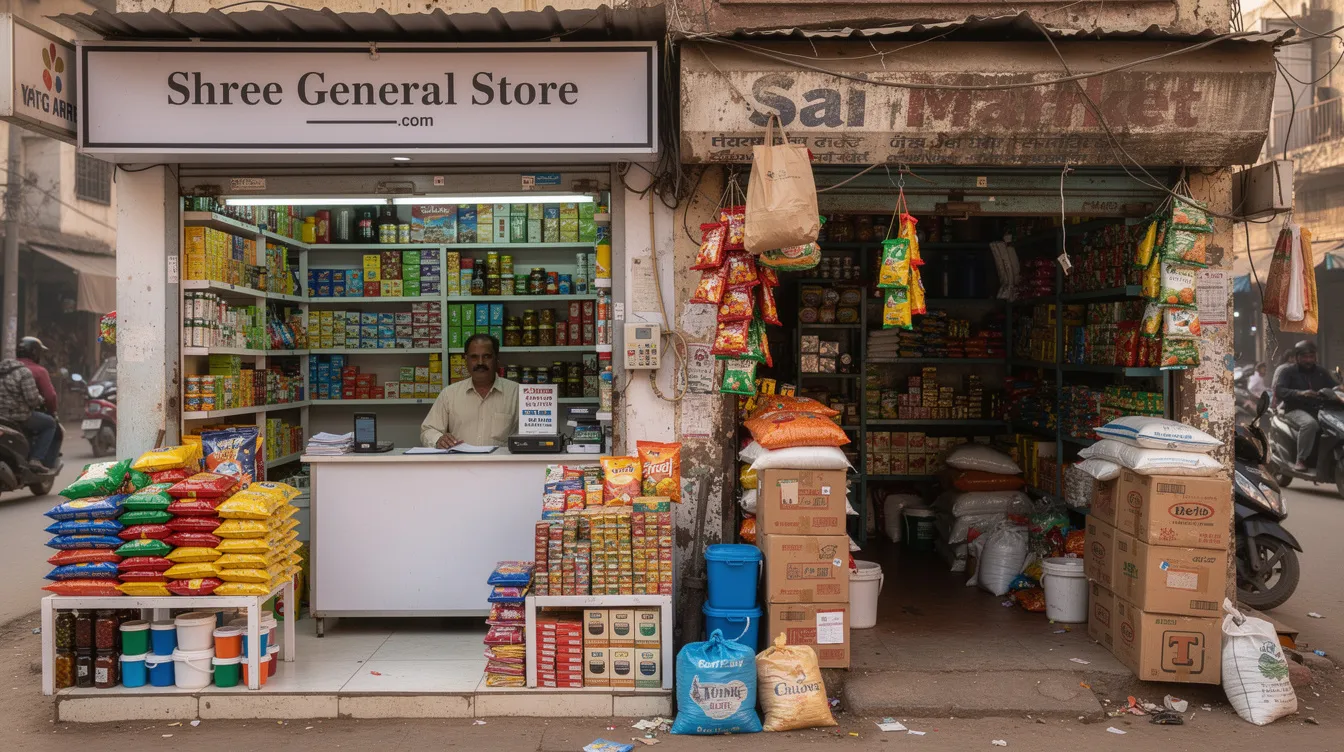 216816be 2df4 499d b669 2137126ed8e7 The image showcases two adjacent shops in an Indian market: one is well-organized with clear signage, likely appealing to customers seeking financial assistance for micro enterprises, while the other is cluttered and disorganized, potentially deterring eligible borrowers looking for loans under schemes like the Pradhan Mantri Mudra Yojana. This contrast highlights the importance of a satisfactory credit track record and effective business planning in accessing affordable credit from various financial institutions.