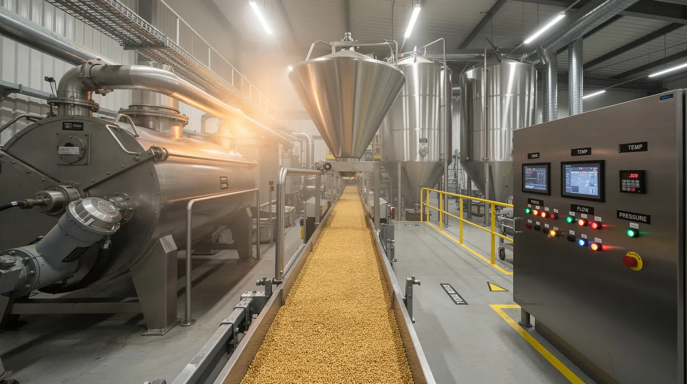 2168d76b caf0 4c68 ab8b 14e5ccded782 The image depicts industrial grain roasting and processing machinery within a factory setting, showcasing equipment designed for the manufacturing process of puffed rice. This machinery is essential for heating rice kernels and producing popular snack foods like murmura, highlighting the puffed rice industry's role in food processing and the growing demand for breakfast cereals.