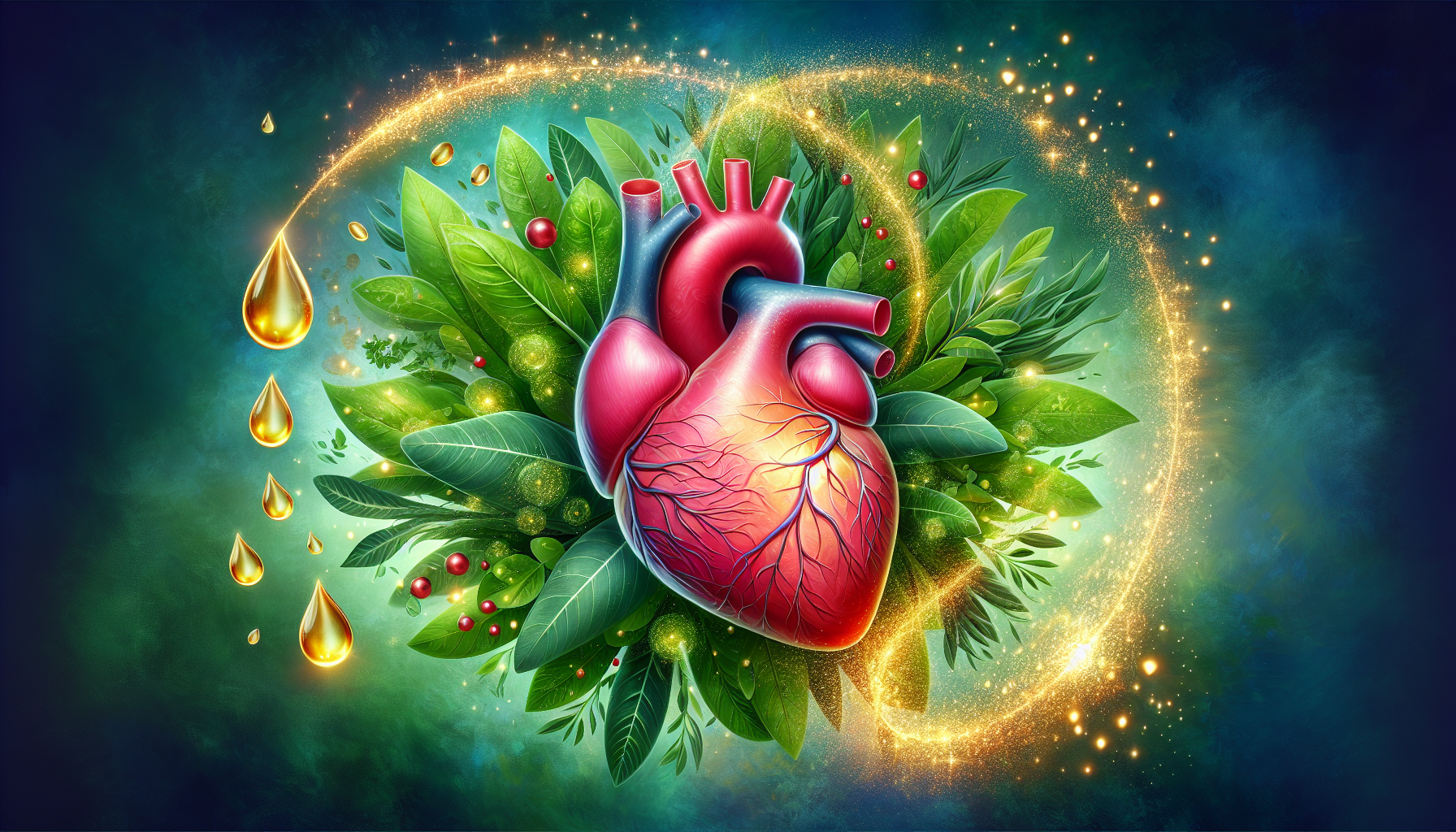 Illustration of a healthy heart surrounded by omega 3 fatty acids and plant compounds