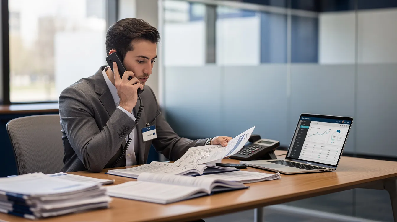 2169e38f a2d4 4c6a 9ba9 0d277bf1222c A bank officer is seated at a desk, meticulously reviewing documents related to loan applications, while making a phone call to discuss details about mudra loans for small finance banks. The officer appears focused, ensuring all necessary proof and identity documents are in order for the applicants seeking funding for their business enterprises.
