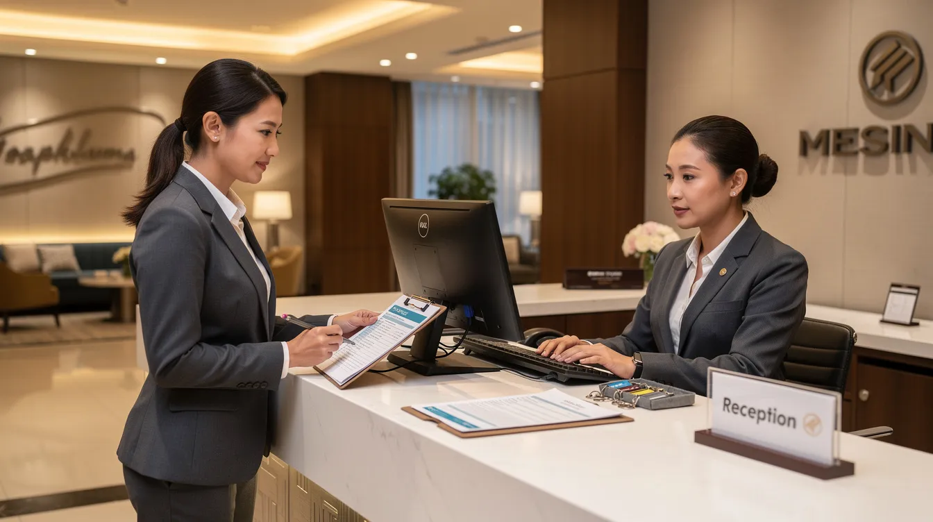 A hotel supervisor training a front desk employee on check-in procedures.