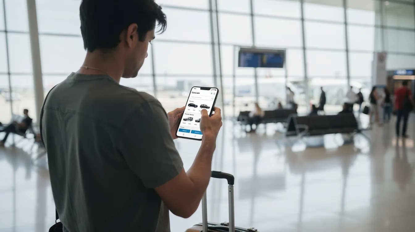 Un viaggiatore consulta il suo telefono in un aeroporto luminoso, mentre visualizza una schermata di ricerca per il noleggio auto, confrontando modelli e prezzi. L'atmosfera è vivace e l'utente sembra interessato a trovare la migliore offerta per il suo viaggio.
