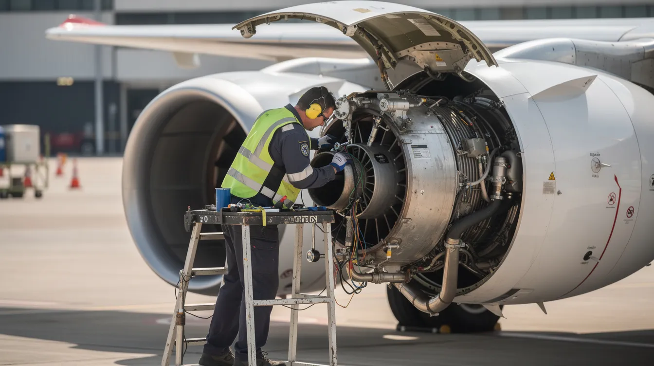 An aircraft mechanic is intently working with tools near an open engine cowling, focused on aviation maintenance tasks. This scene highlights the hands-on experience essential for preparing for FAA certification exams in general airframe and powerplant mechanics.