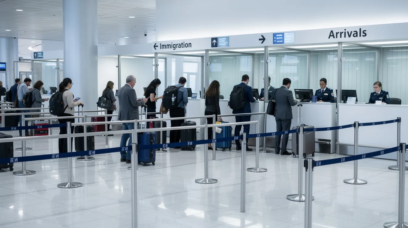 The image depicts an immigration checkpoint at an airport, featuring immigration officers in uniform overseeing a queue of travelers waiting with their passports and travel documents. The setting is organized with queue barriers, indicating a structured process for border control and immigration service delivery.
