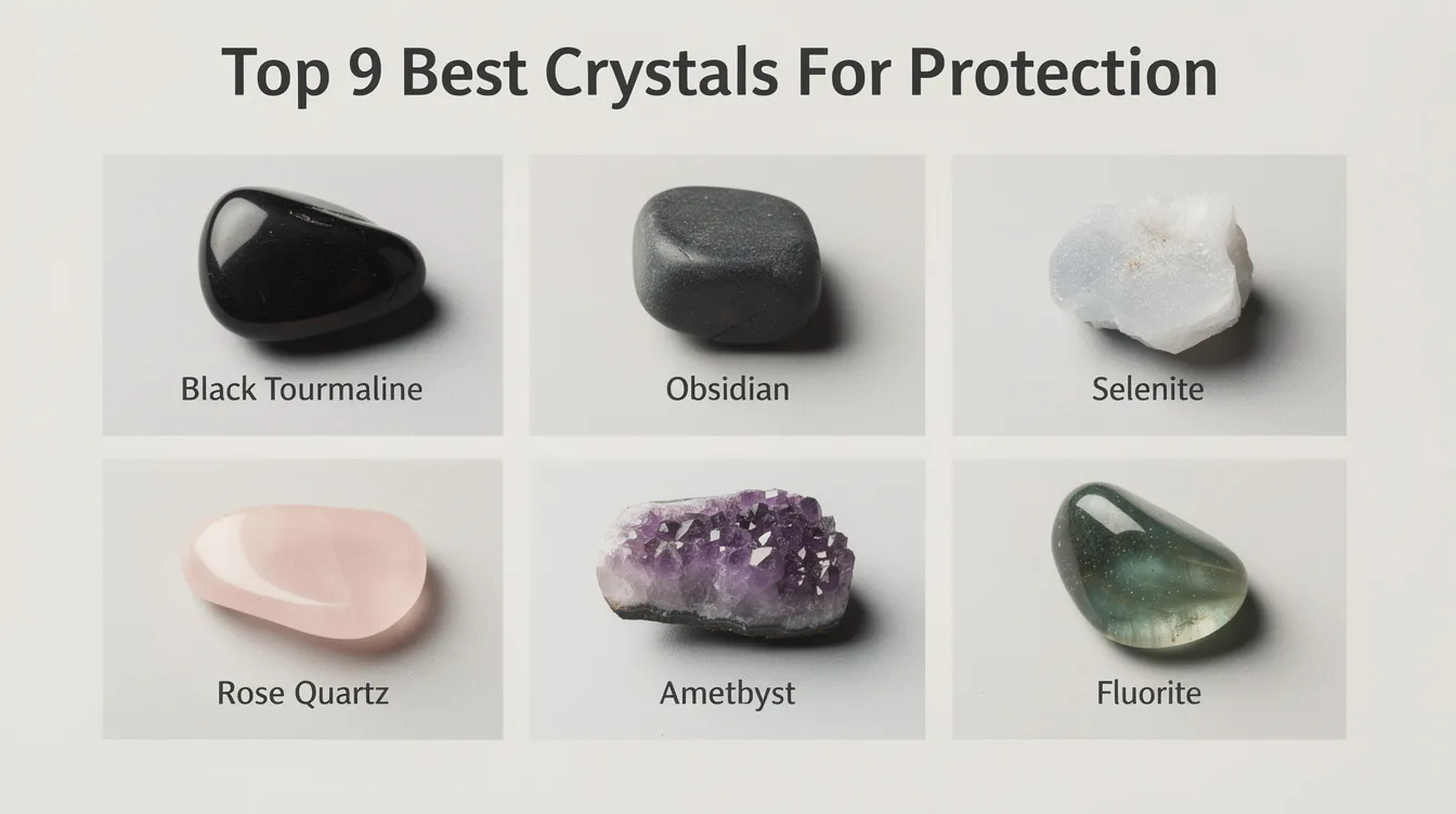 The image showcases the top 9 best crystals for protection, including black tourmaline and rose quartz, arranged aesthetically on a soft surface. These powerful stones are known for their healing properties, offering energy protection against negative influences and promoting emotional balance and inner peace.