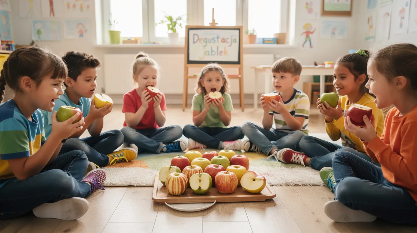 Na obrazku widzimy dzieci siedzące w kole podczas "dnia jabłka w przedszkolu", gdzie degustują różne odmiany kolorowych jabłek. Wspólna zabawa i smakowanie zdrowych owoców mają na celu uświadomienie wartości odżywczych jabłek oraz zachęcenie dzieci do zdrowego odżywiania.