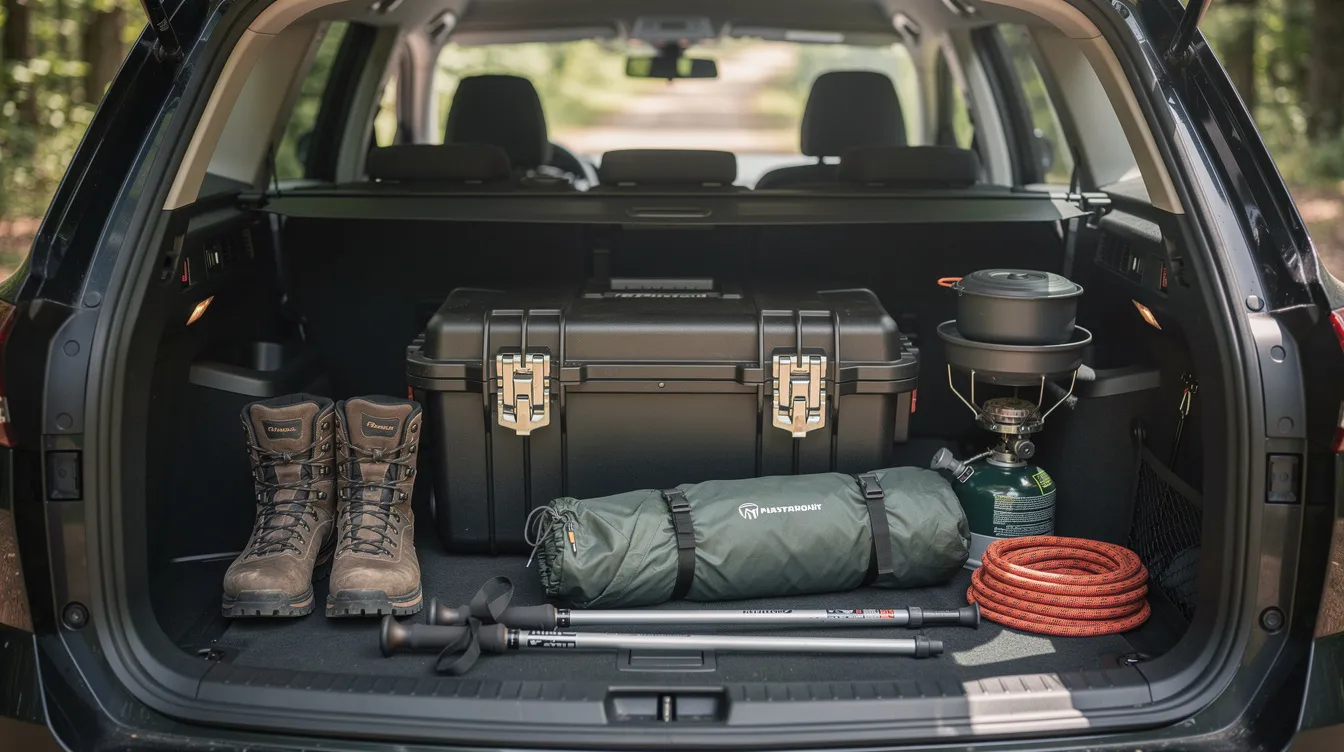 The image shows a neatly organized vehicle trunk containing a locked hard case alongside various outdoor gear, emphasizing secure storage for firearms in accordance with Washington state law. This arrangement reflects the importance of gun safety laws and responsible firearm possession, particularly for outdoor recreational activities.