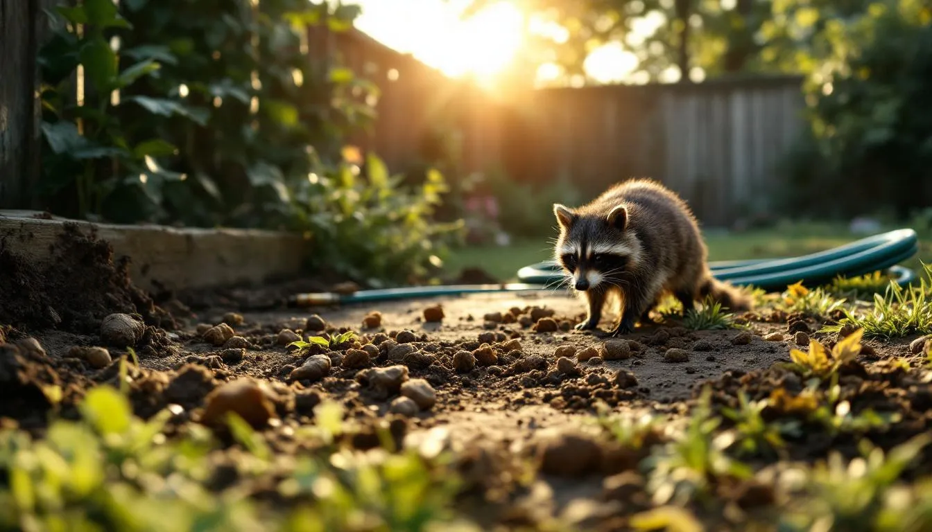 Signs of a raccoon problem, including raccoon droppings and disturbed garden areas.
