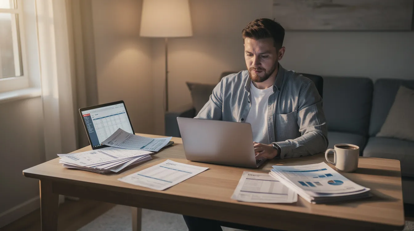 An office worker is sitting at home, using a laptop to organize financial documents, possibly related to a loan application or budgeting. The scene conveys a sense of productivity and focus, likely involving terms like "私人 貸款" and "每月 還款 額" as they manage their finances.