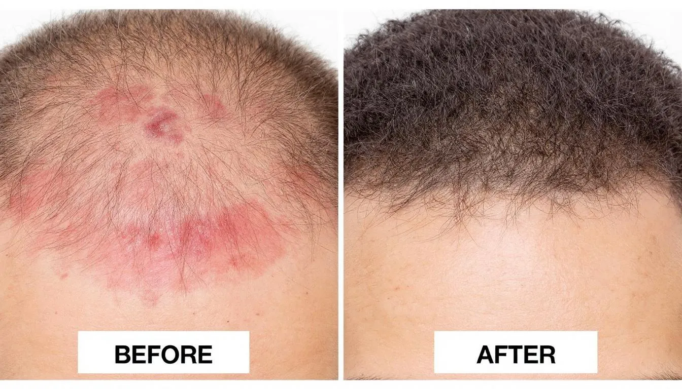 En la imagen se muestra una comparación antes y después de un tratamiento de alta frecuencia capilar, donde se puede observar una notable mejora en la densidad y brillo del cabello, así como la salud del cuero cabelludo. El tratamiento, que utiliza un electrodo para estimular los folículos, ha ayudado a reducir la caída y los problemas de alopecia en los casos presentados.